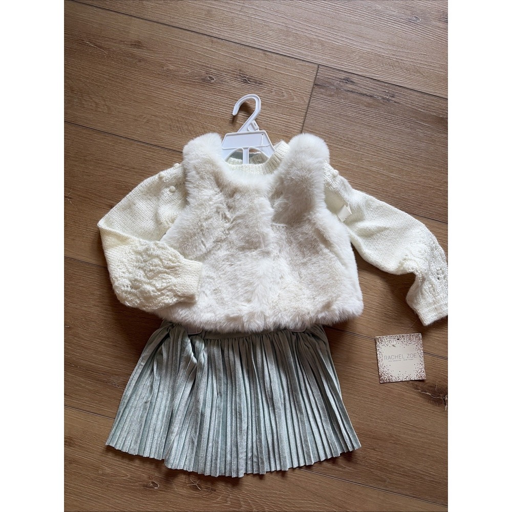 Rachel Zoe Toddler‎ Girls 3 Piece Outfit Skirt Fur Vest Sweater Beige Sz 2t Read